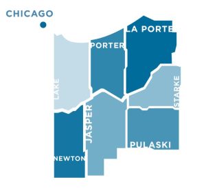 Region One comprises seven counties in northwest Indiana. It is bordered on the north by Lake Michigan and on the west by the city of Chicago and Illinois. Northwest Indiana provides "Chicago living at Indiana prices," according to the Northwest Indiana Forum. With its network of interstates and proximity to Chicago, the region is heavily traveled.