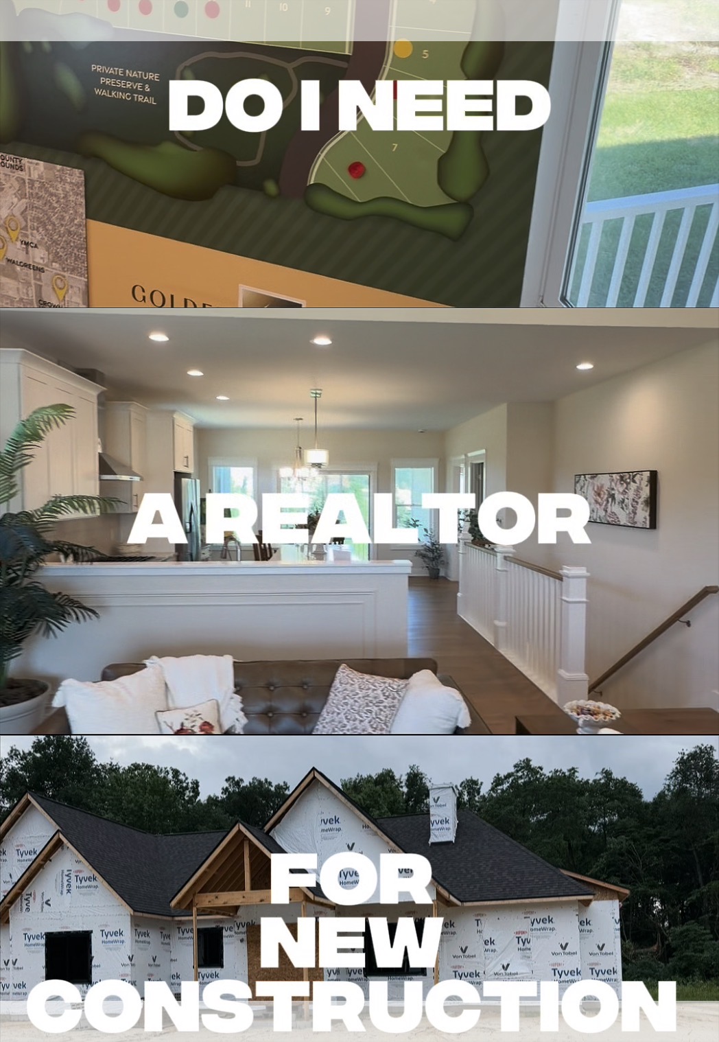 Do I need a realtor for new construction? video thumbnail featuring a finished home interior and a house under construction